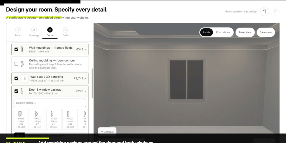 Matching door and window casing selected and previewed in the room