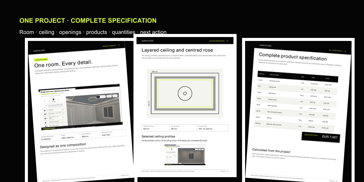 Five-page PDF for the same complete room, including the ceiling plan and product specification