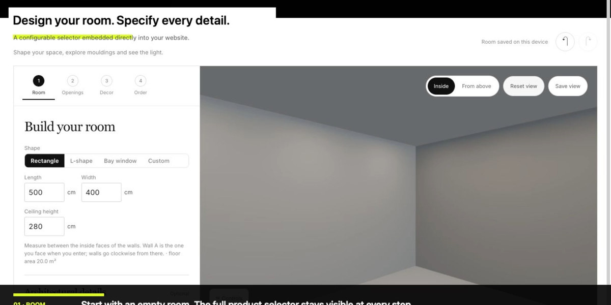 Room dimensions being configured in Curato View